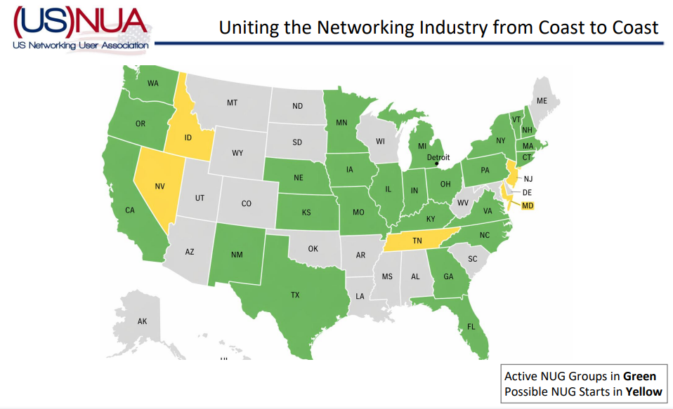 Map of the USA highlighting active groups in green, possible NUG groups starting in yellow and states with no current groups are in grey.
